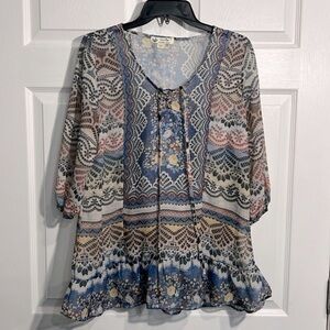 UNITY WORLD WEAR Women Size Small Multicolor Floral Scoop Neck 3/4 Sleeve Blouse
